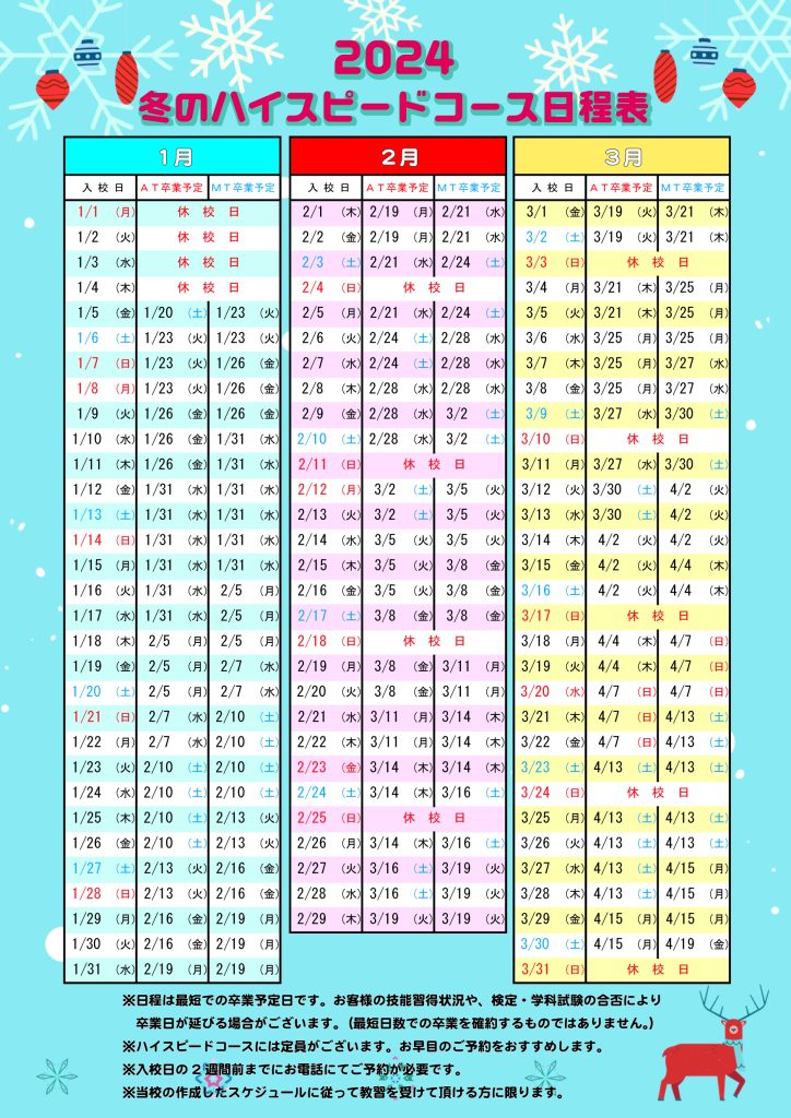 2024年冬のハイスピードコース日程表
日程表は最短での卒業予定日です。お客様の技能習得状況や、検定・学科試験の可否により卒業日が延びる場合がございます。(最短日数での卒業を確約するものではありません。)
ハイスピードコースには定員がございます。お早目のご予約をおすすめします。
入校日の2週間前までにお電話にてご予約が必要です。
当校の作成したスケジュールに従って教習を受けて頂ける方に限ります。