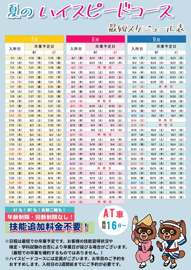 夏のハイスピードコース
最短スケジュール表
ATもMTも自動二輪も年齢制限、回数制限なし。技能追加料金不要
日程は最短での卒業予定です。お客様の技能習得状況や検定・学科試験の合否により卒業日が延びる場合がございます。(最短での卒業を確約するものではありません。)
ハイスピードコースには定員がございます。早目のご予約をお勧めします。入校日の2週間前までにご予約が必要です。